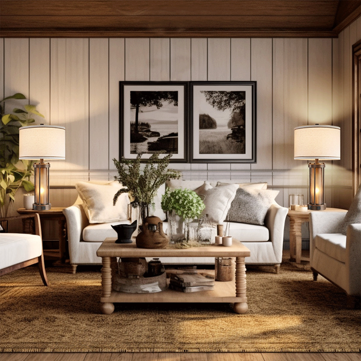 Bronze table lamp set on bedside tables in a stylish bedroom with warm ambient lighting.