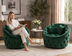 Green Velvet Swivel Accent Chair with Wheels & 3 Pillows | Button-Tufted Lounge Chair