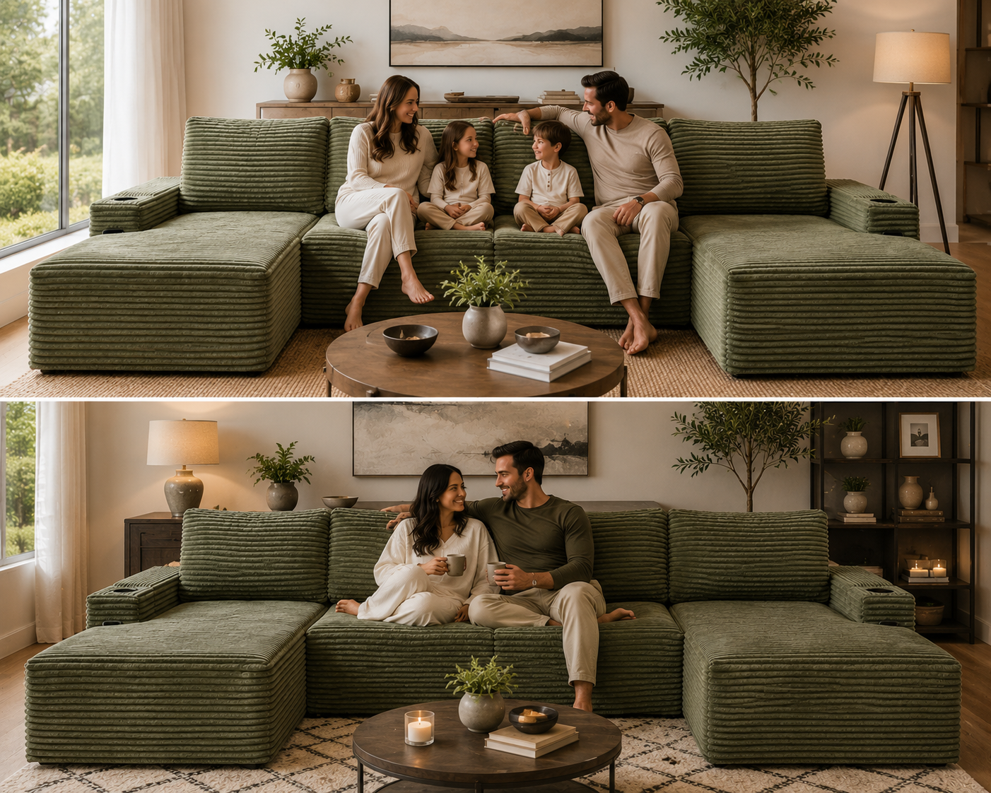 Green Corduroy Cloud U-Shaped Sectional Sofa with Cup Holders & Side Pockets