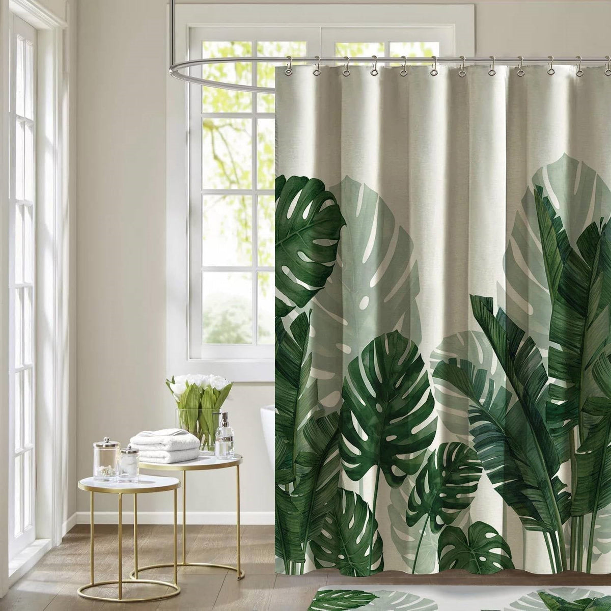 Tropical Green Botanical Shower Curtain 72"W x 72"H – Linen Blend with Hooks