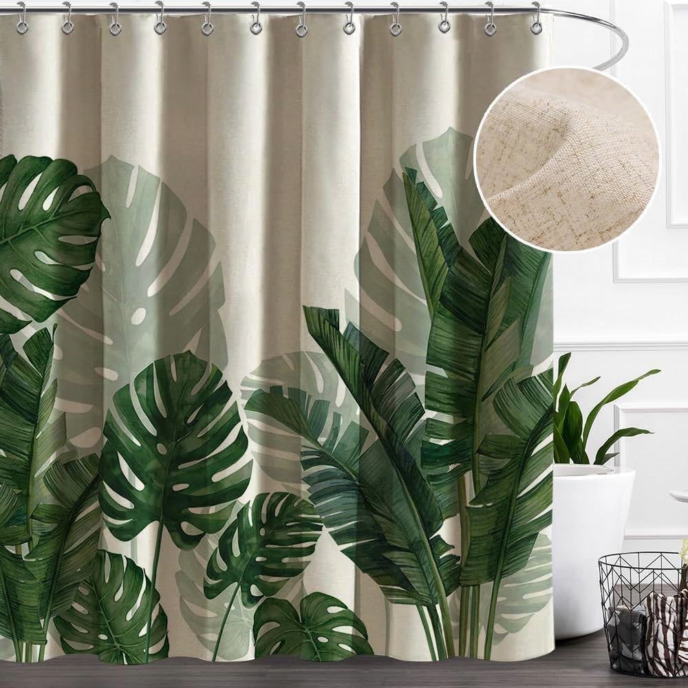 Tropical Green Botanical Shower Curtain 72"W x 72"H – Linen Blend with Hooks