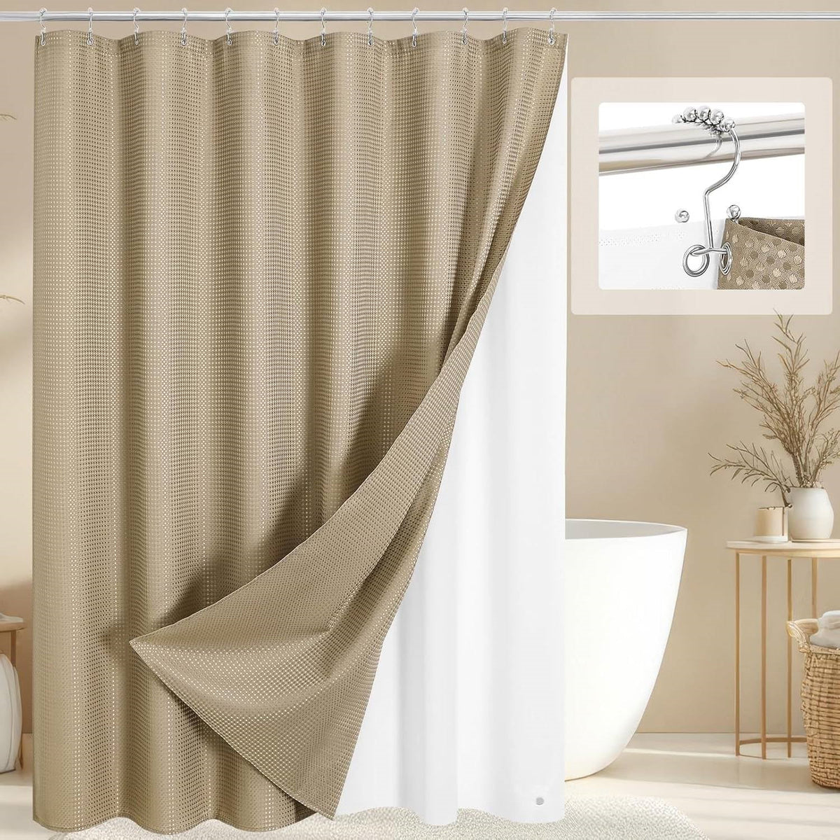 Beige Waffle Texture 3-Piece Shower Curtain Set – 72"W × 72"H