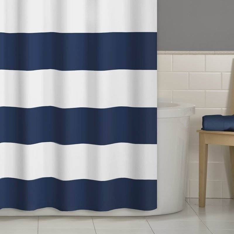 Navy Blue & White Nautical Stripe Shower Curtain – 70"W × 72"H
