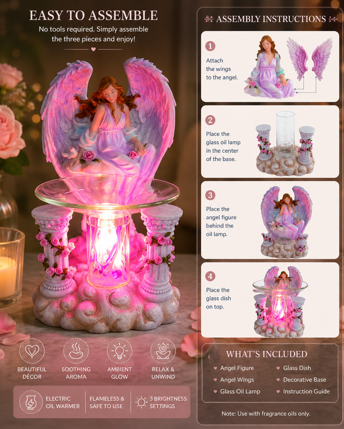 Pink Angel Poly Resin Electric Fragrance Oil Warmer with 3 Brightness Settings