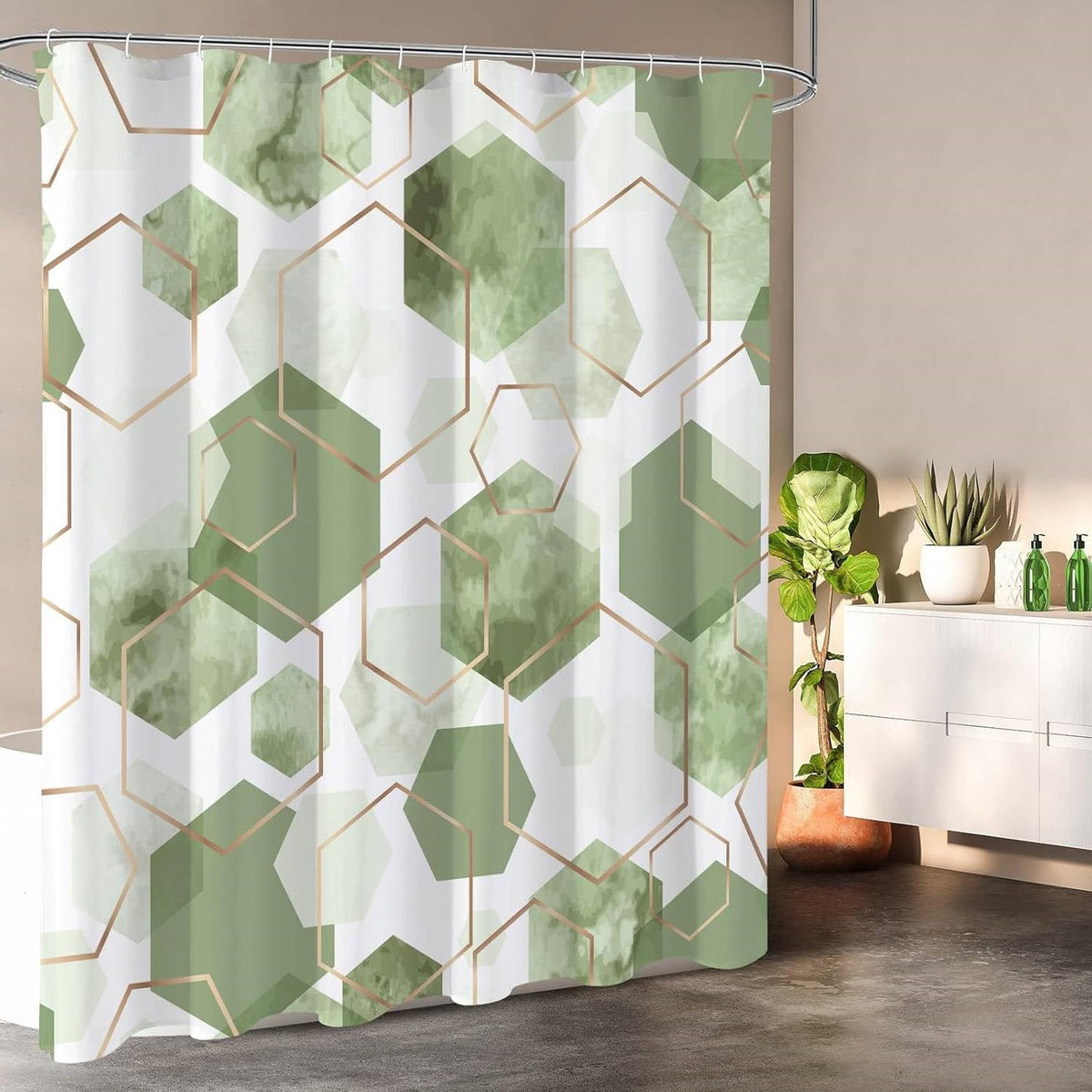 Abstract Green & White Geometric Shower Curtain – 72"W × 84"H