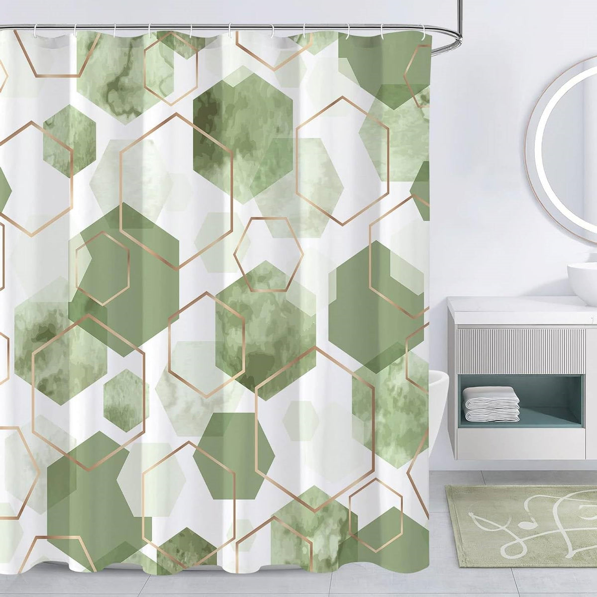 Abstract Green & White Geometric Shower Curtain – 72"W × 84"H