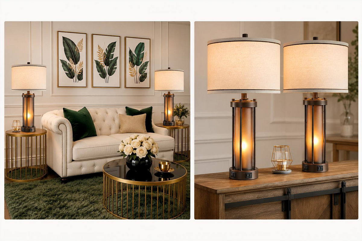 Set of two bronze table lamps decorating a modern living room with elegant home furnishings.