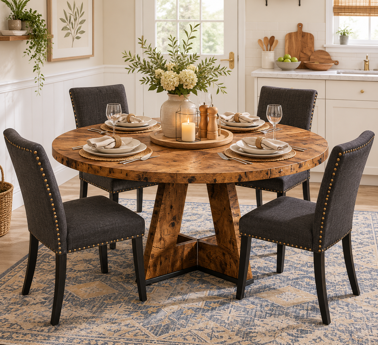 47" Farmhouse Round Dining Table for 4 – Rustic Wood Finish