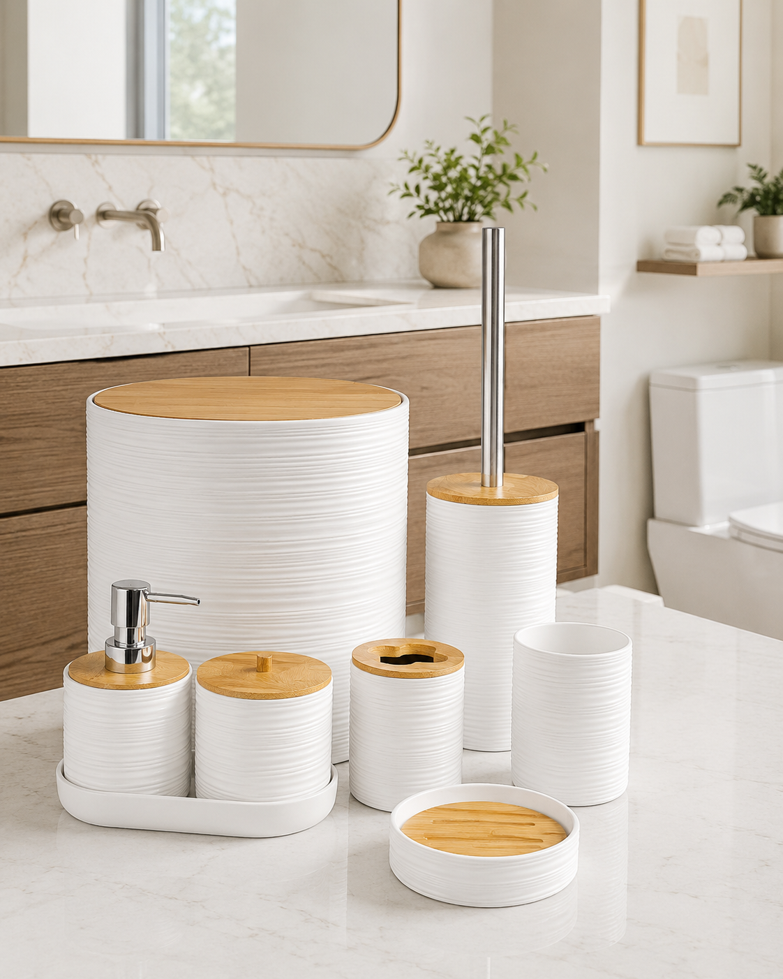 8-Piece Bamboo Bathroom Accessories Set – 5 Colors
