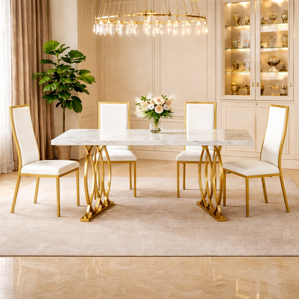 63" Faux Marble Dining Set with 4 White Chairs & Gold Base