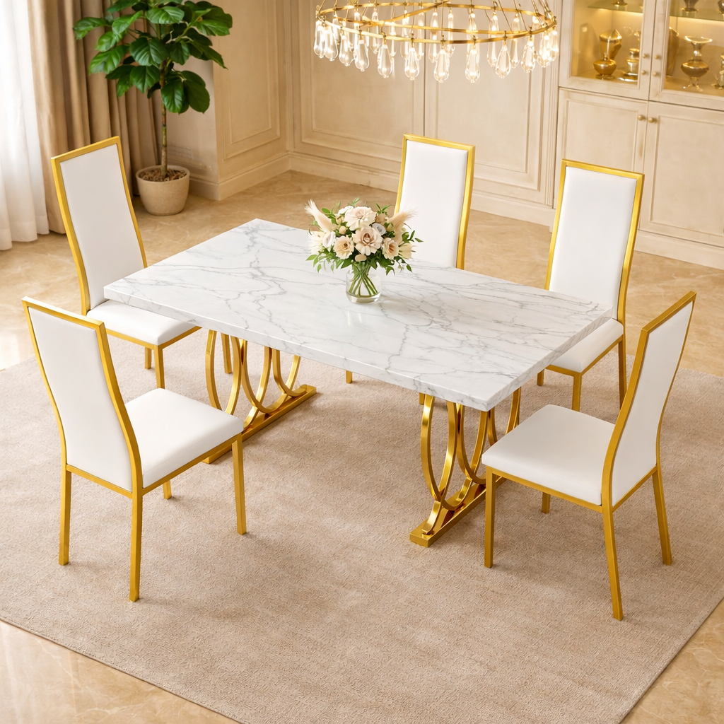 63" Faux Marble Dining Set with 4 White Chairs & Gold Base