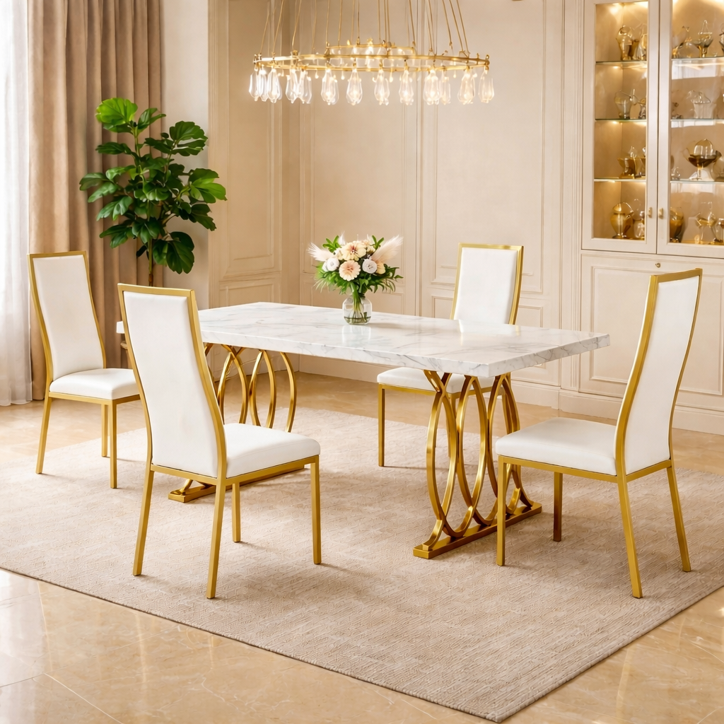 63" Faux Marble Dining Set with 4 White Chairs & Gold Base