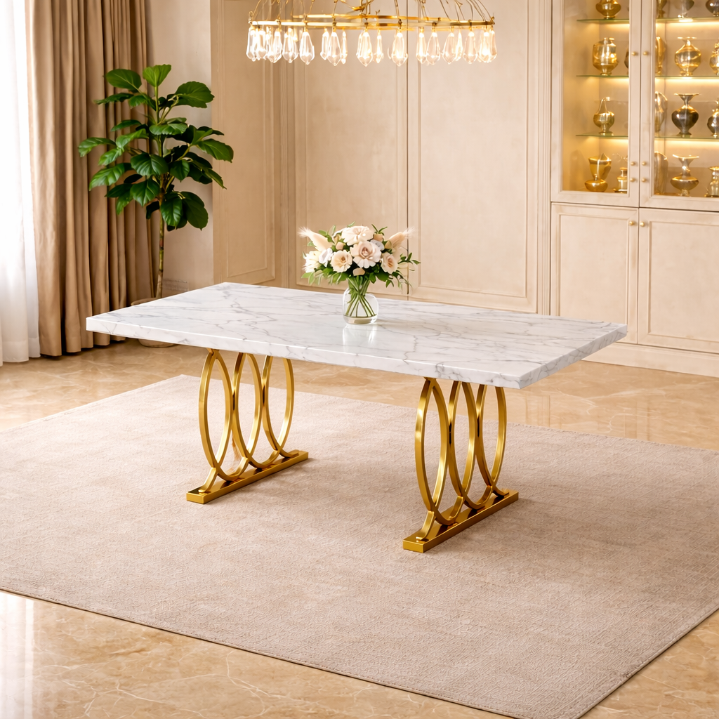 63" Faux Marble Dining Set with 4 White Chairs & Gold Base