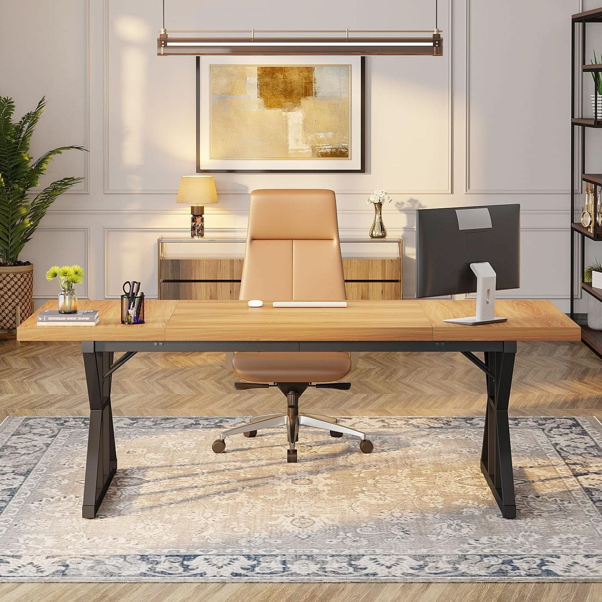 Executive Writing Desk 70.8" — Light Walnut & Black
