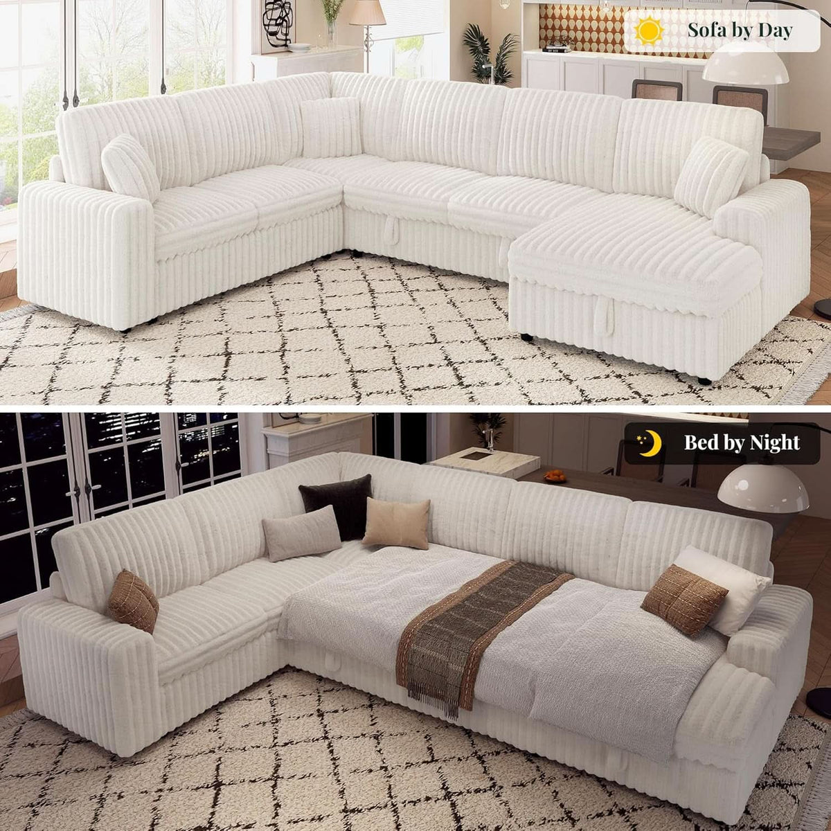 130" Sleeper Sofa with White Faux Fur