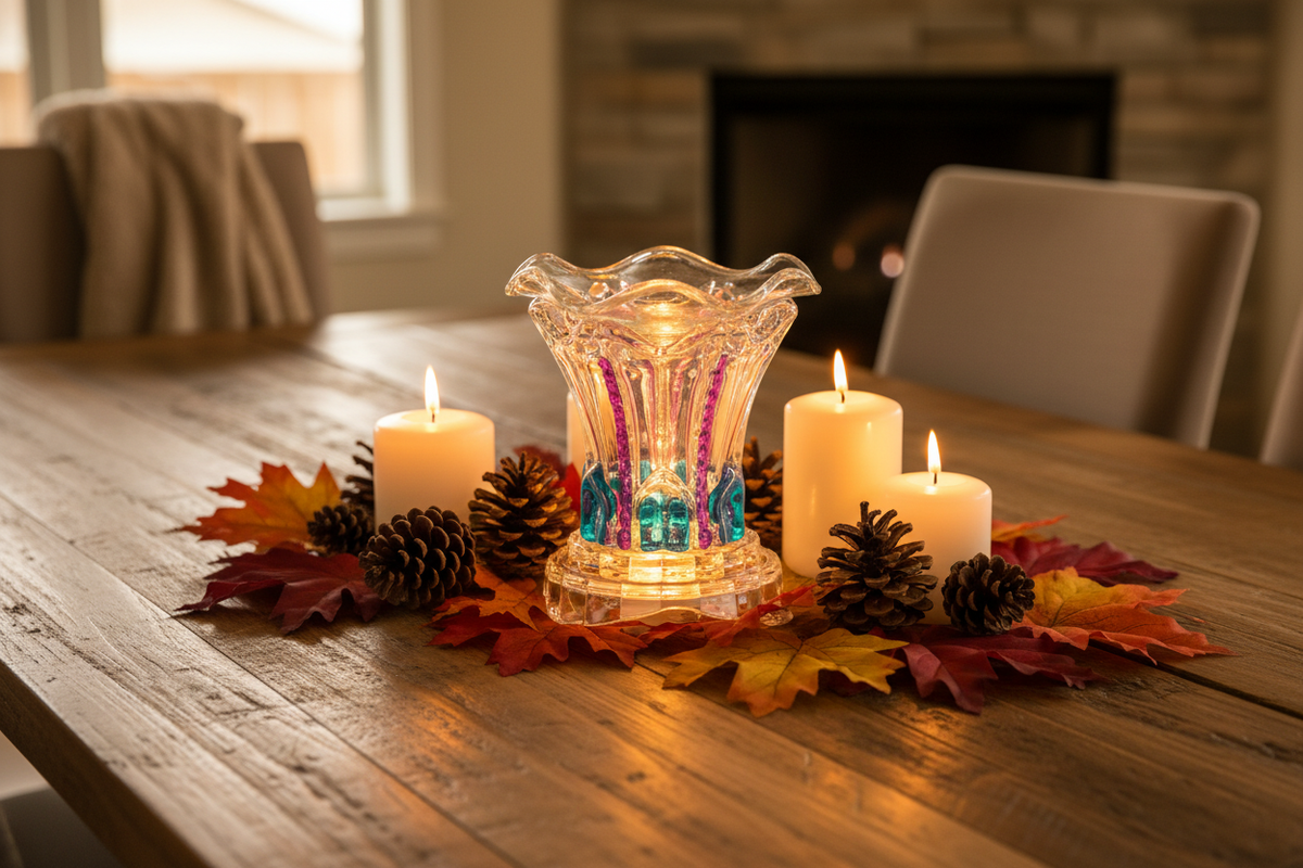 Autumn dining table purple teal warmer