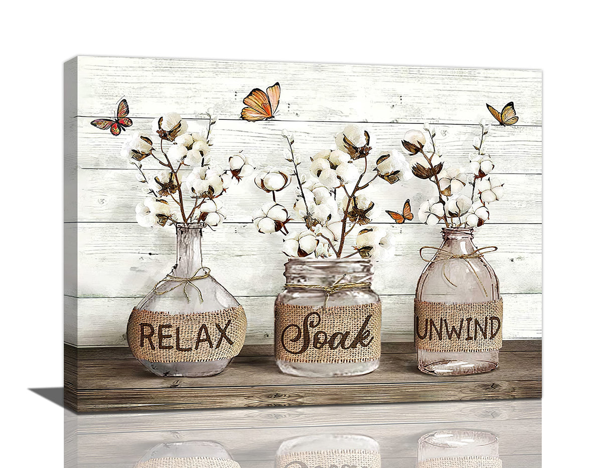 Farmhouse Bathroom Decor Wall Art Rustic Cotton Bathroom Pictures Canvas Print Country Bathroom Relax Soak Unwind Sign Artwork Modern Aesthetic Home Decor for Bathroom Framed Ready to Hang 8"x12"