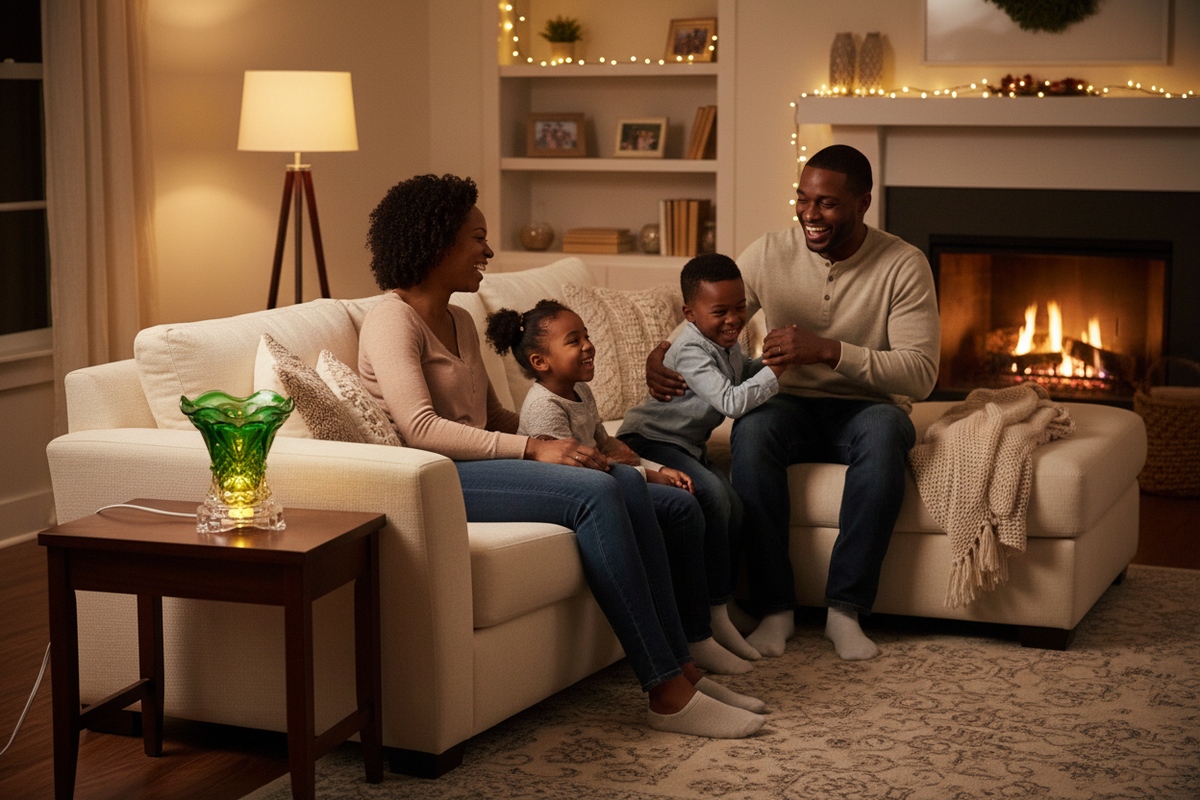 Black family with dark green warmer