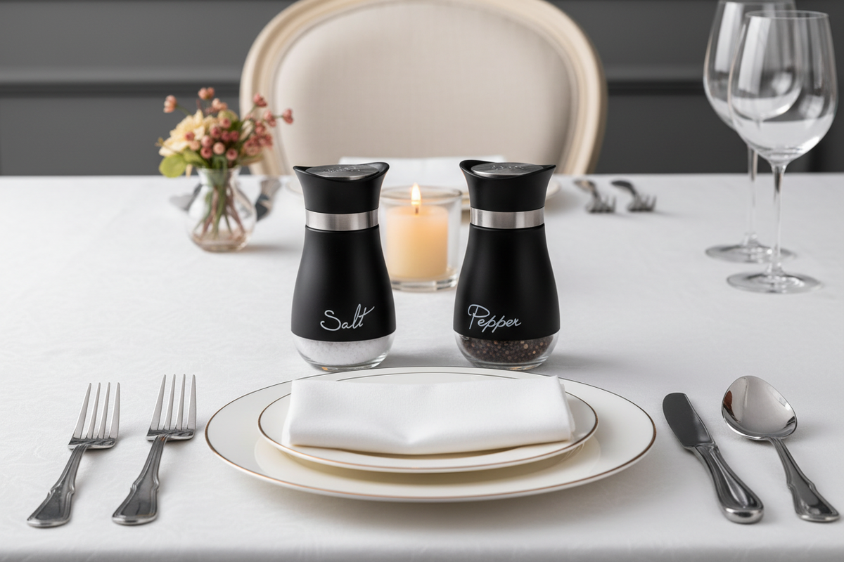 Black Salt and Pepper Shakers Dining Table Scene