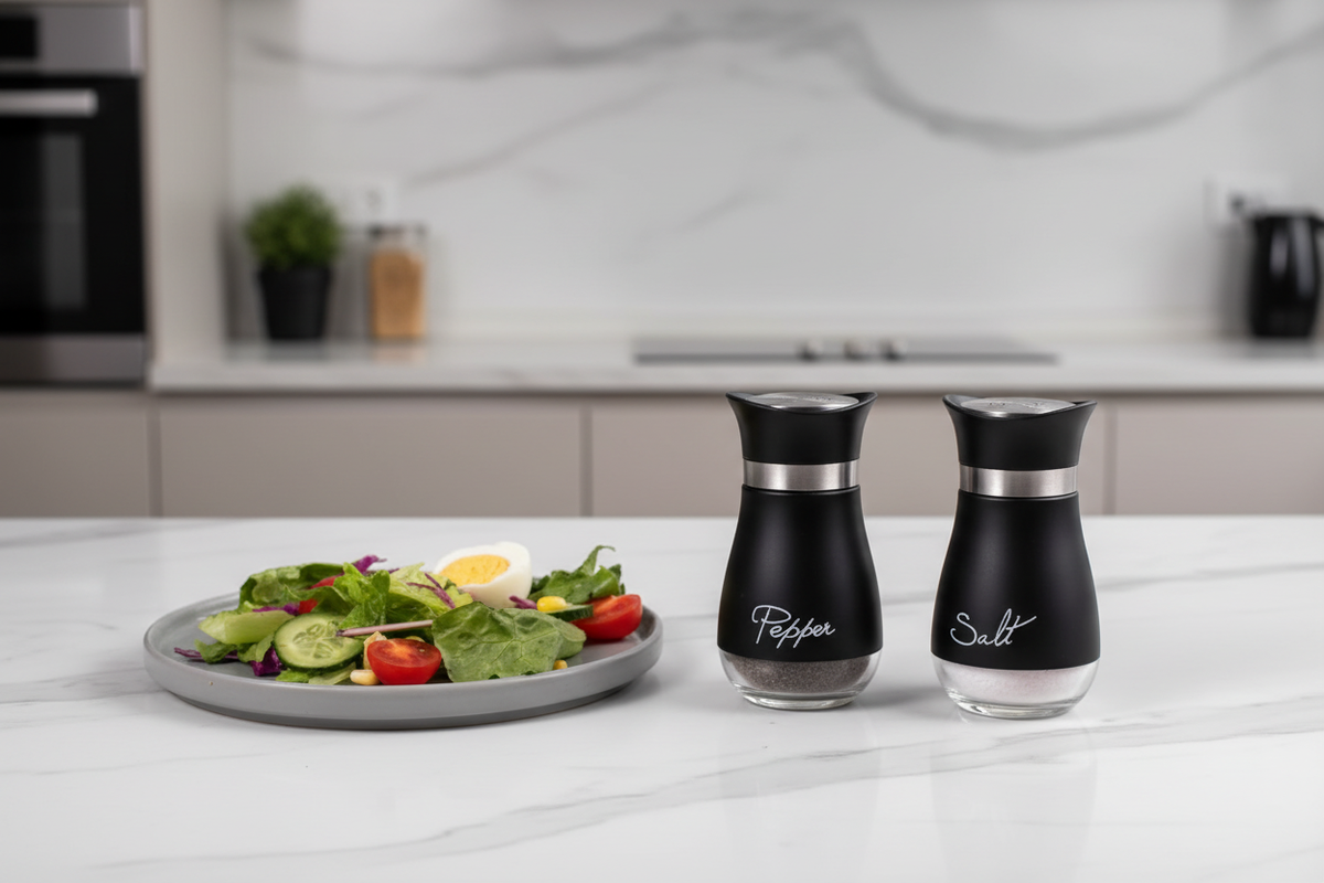 Black Salt and Pepper Shakers on Modern Kitchen Counter