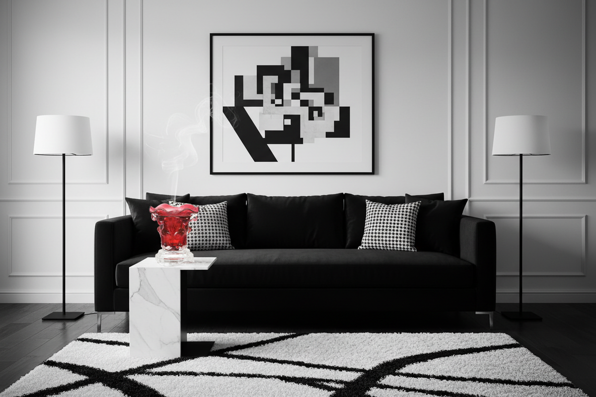 Black white living room red warmer