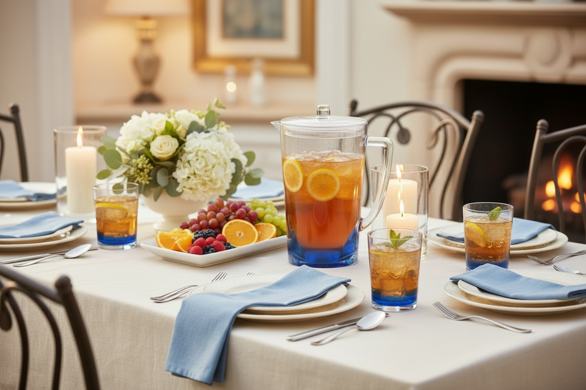 Blue Acrylic Pitcher – Indoor Dining Scene