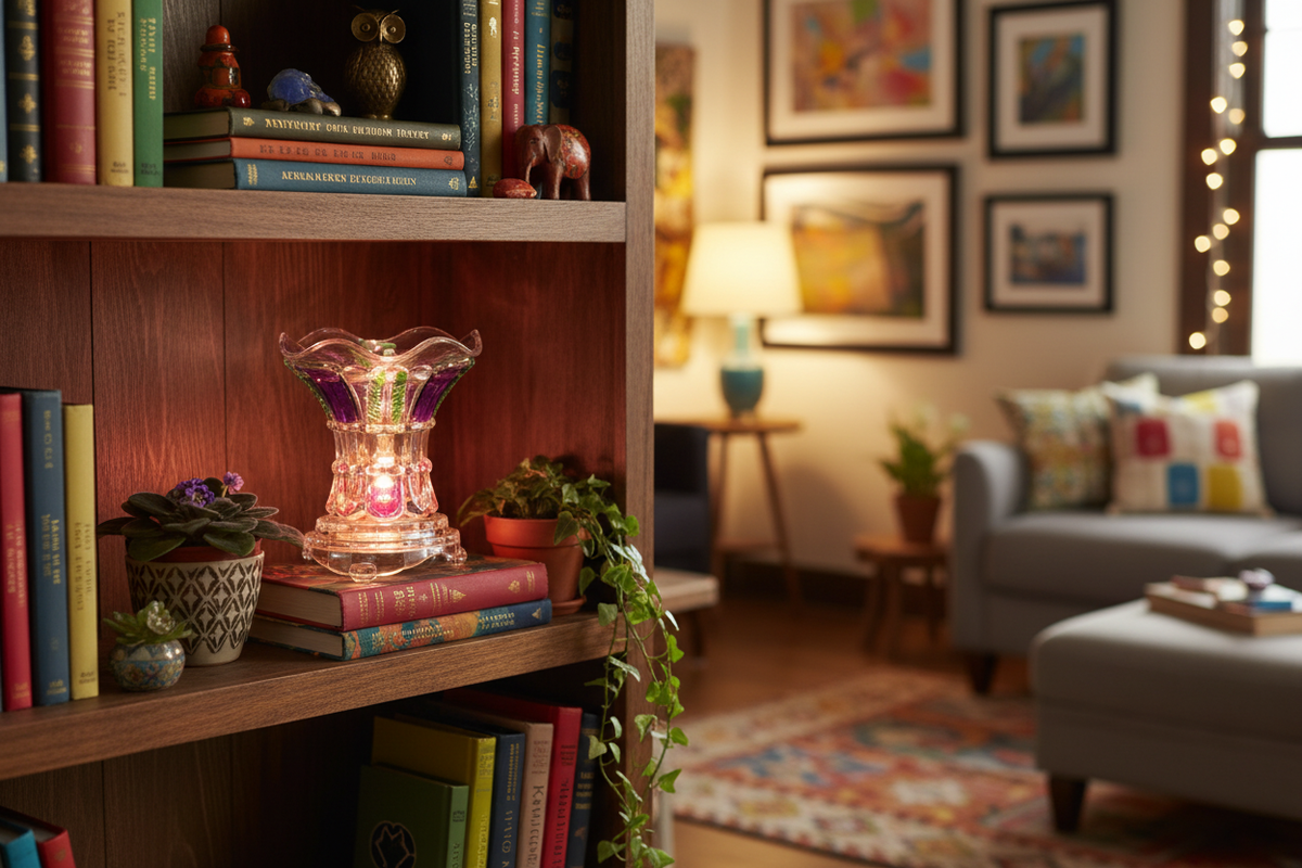 Bookshelf purple green pink warmer