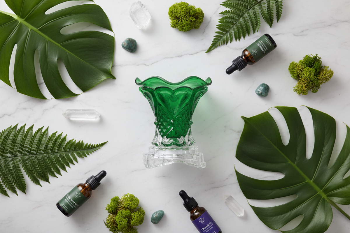 Botanical flat lay dark green warmer
