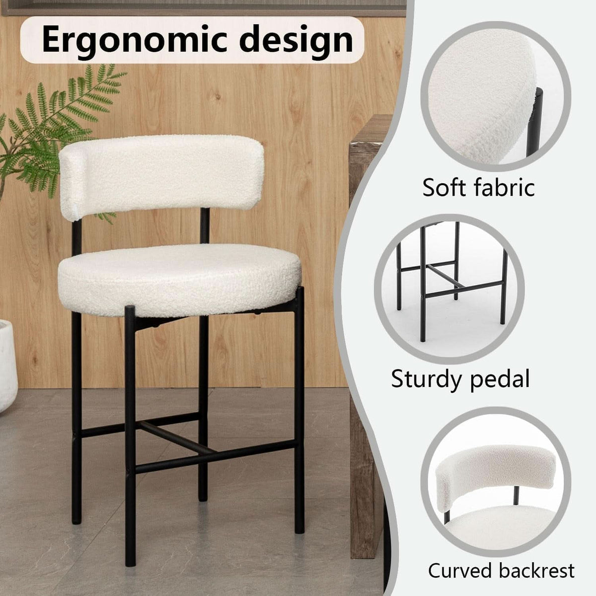 Set of 3 White Bouclé Counter Stools with Backs – 24-Inch