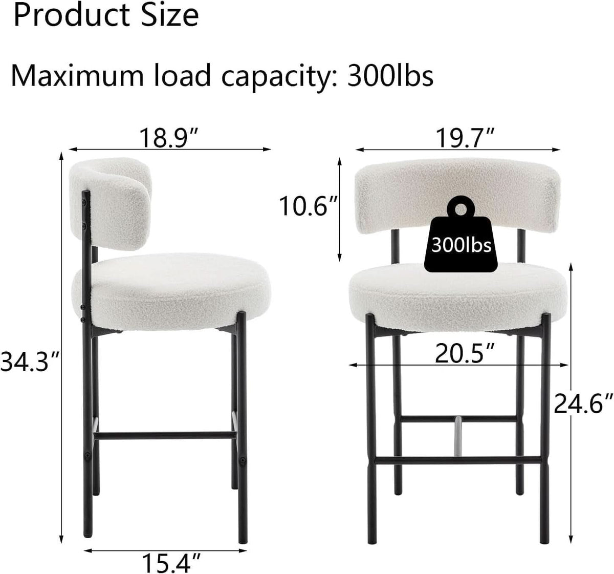 Set of 3 White Bouclé Counter Stools with Backs – 24-Inch