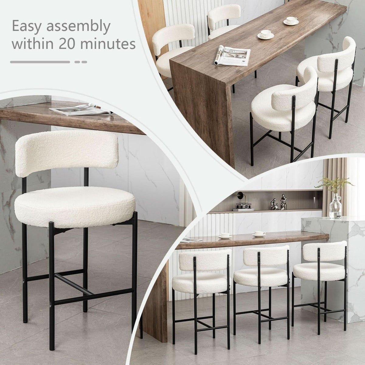 Set of 3 White Bouclé Counter Stools with Backs – 24-Inch