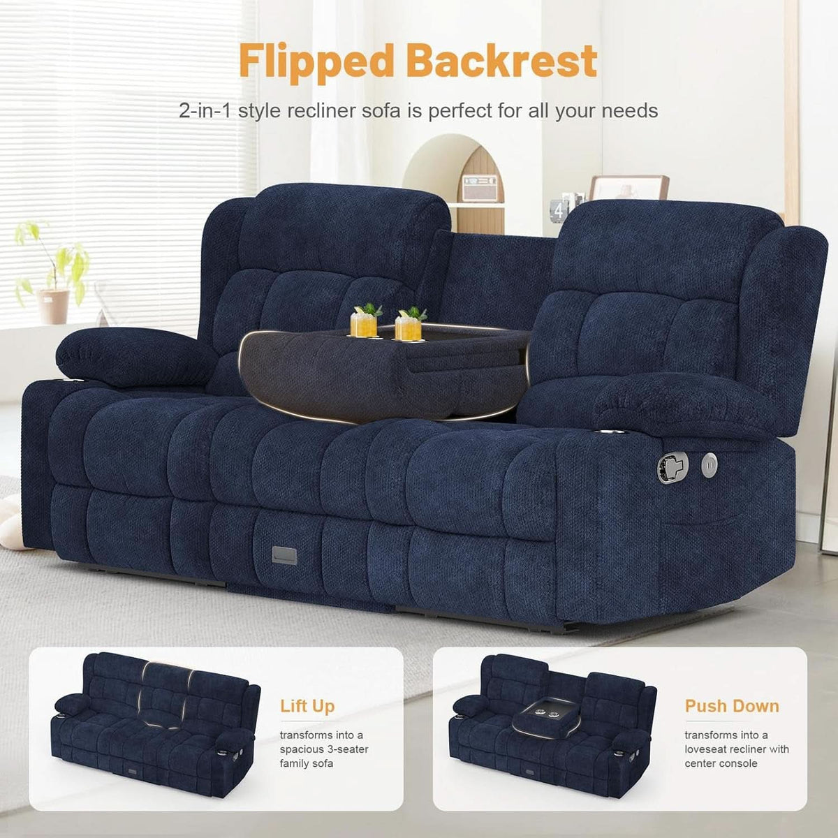 Blue 3-Seat Recliner Sofa with Flip Backrest, USB Ports & Storage