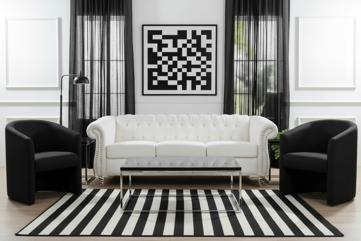 Chesterfield Sofa - Black & White with Silver & Black Tables