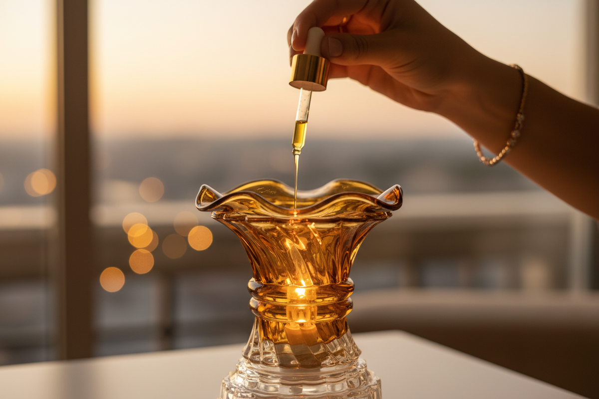 Close-up pouring fragrance oil