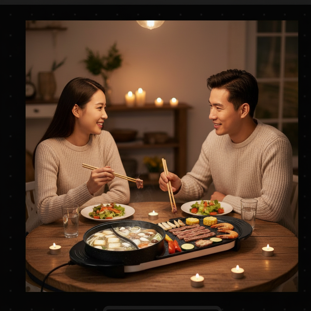 Couple's cozy date night with electric hot pot BBQ grill
