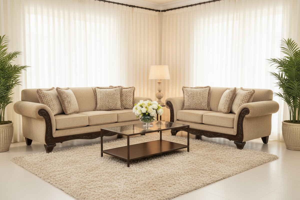 Cream Rug & Curtains