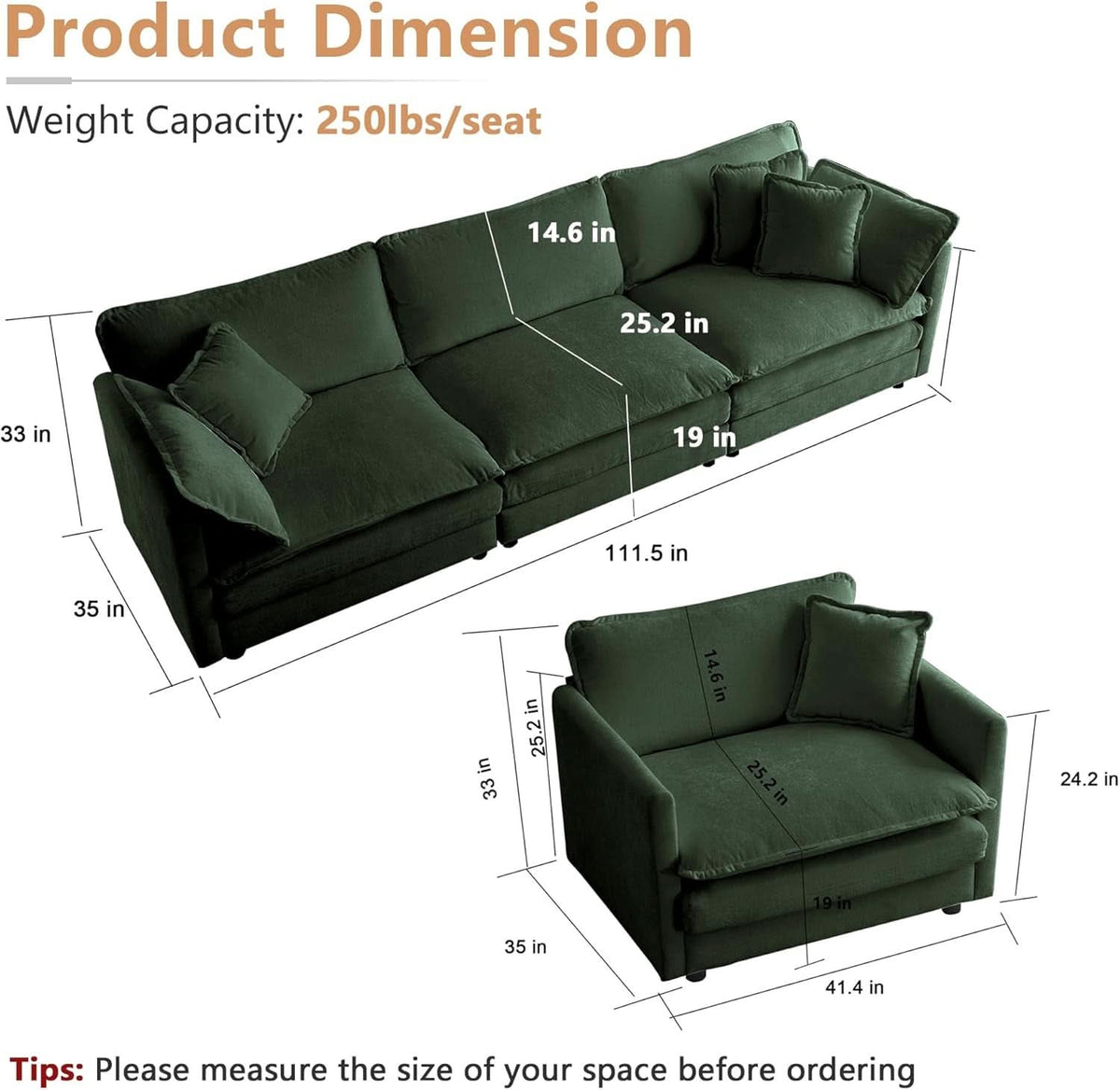 3-Piece Modular Evergreen Chenille Sofa Set