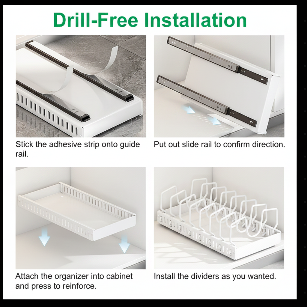 Drill-free installation guide with white cabinets