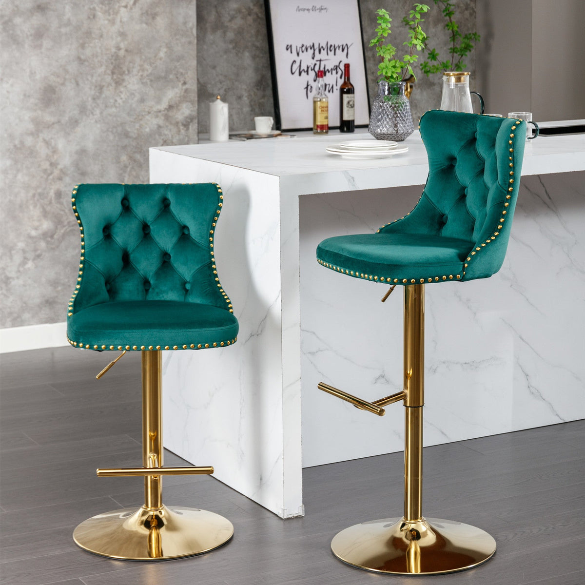 Gold Nailhead Swivel Velvet Barstool