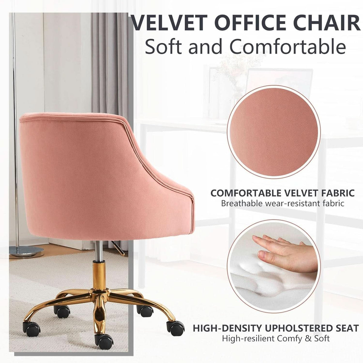 Pink Velvet Swivel Office Chair with Gold Base