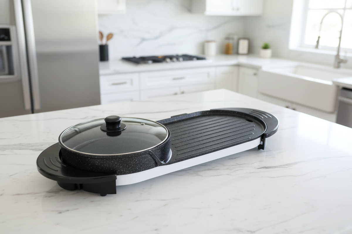 Electric hot pot BBQ grill on marble countertop