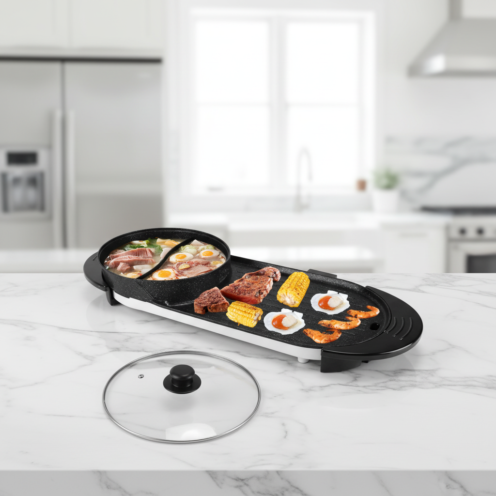 Electric hot pot BBQ grill with food on marble countertop