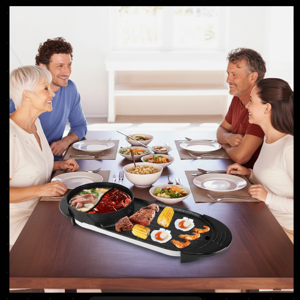 Family enjoying hot pot BBQ grill at an elegant table without drinks