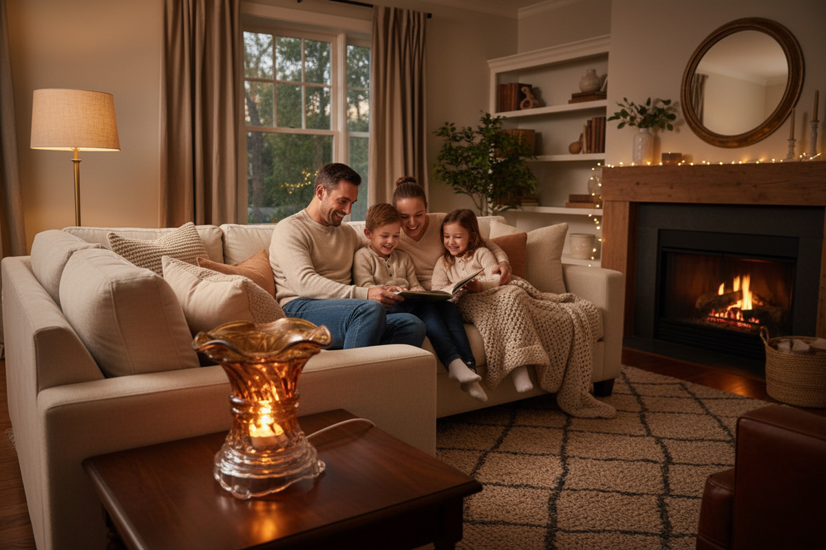 Family scene with amber fragrance oil lamp