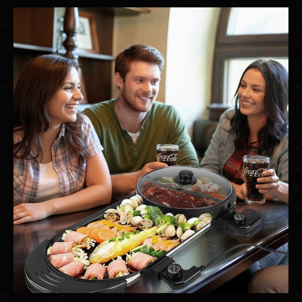 Friends enjoying hot pot BBQ with cola on the table