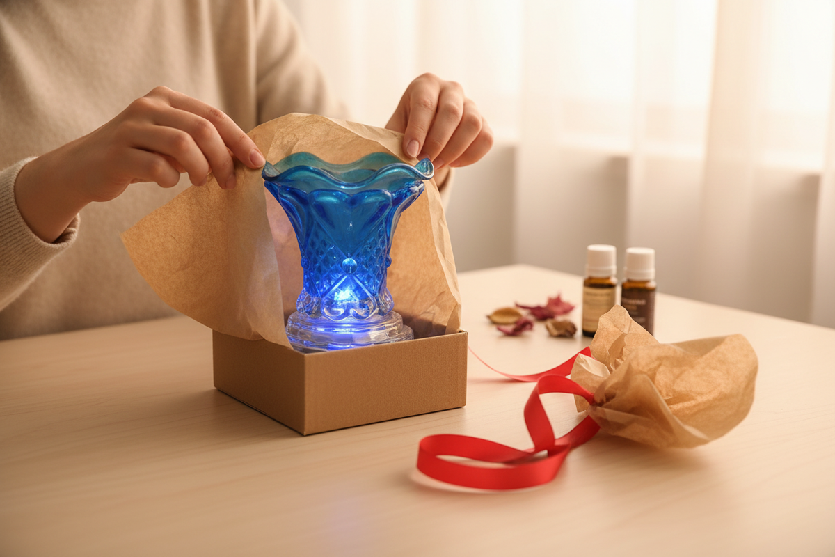 Gift unwrapping blue warmer