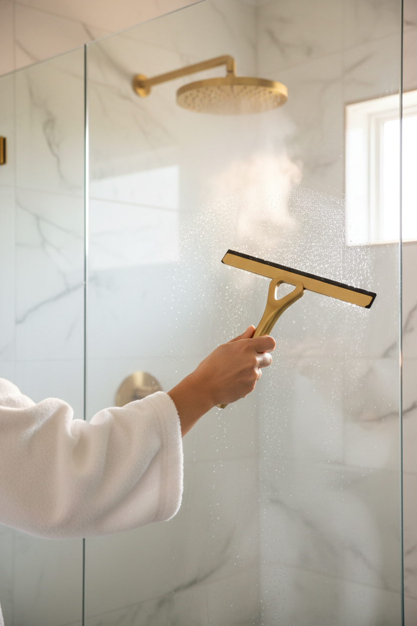 Gold Squeegee – Person Cleaning Large Glass Shower Door