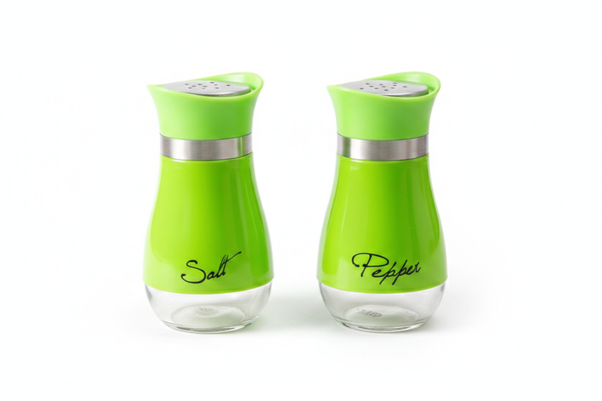 Green Salt and Pepper Shakers White Background