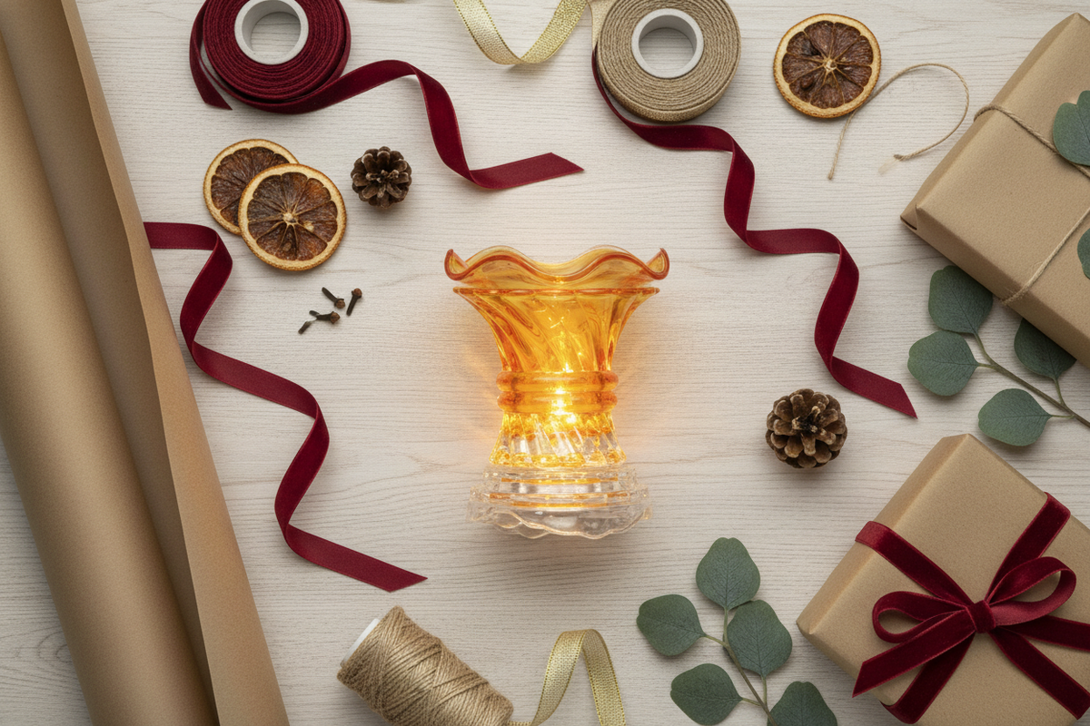 Holiday gift flat lay amber