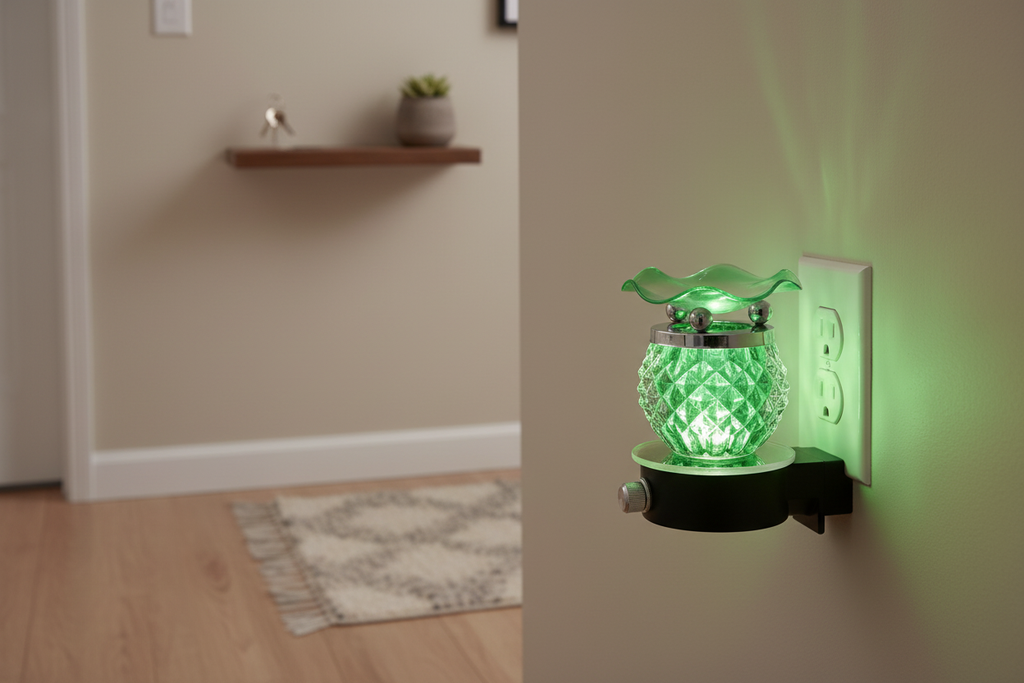 Green pineapple wall plug-in oil warmer plugged into hallway wall outlet glowing green